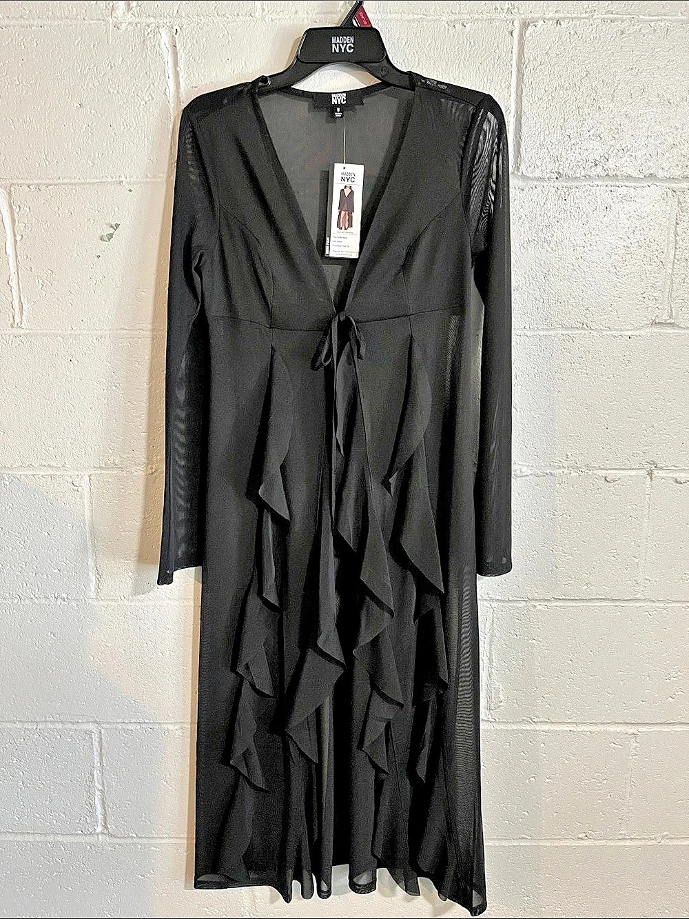 Madden NYC Ruffle Sheer Tie Front Duster Black Small